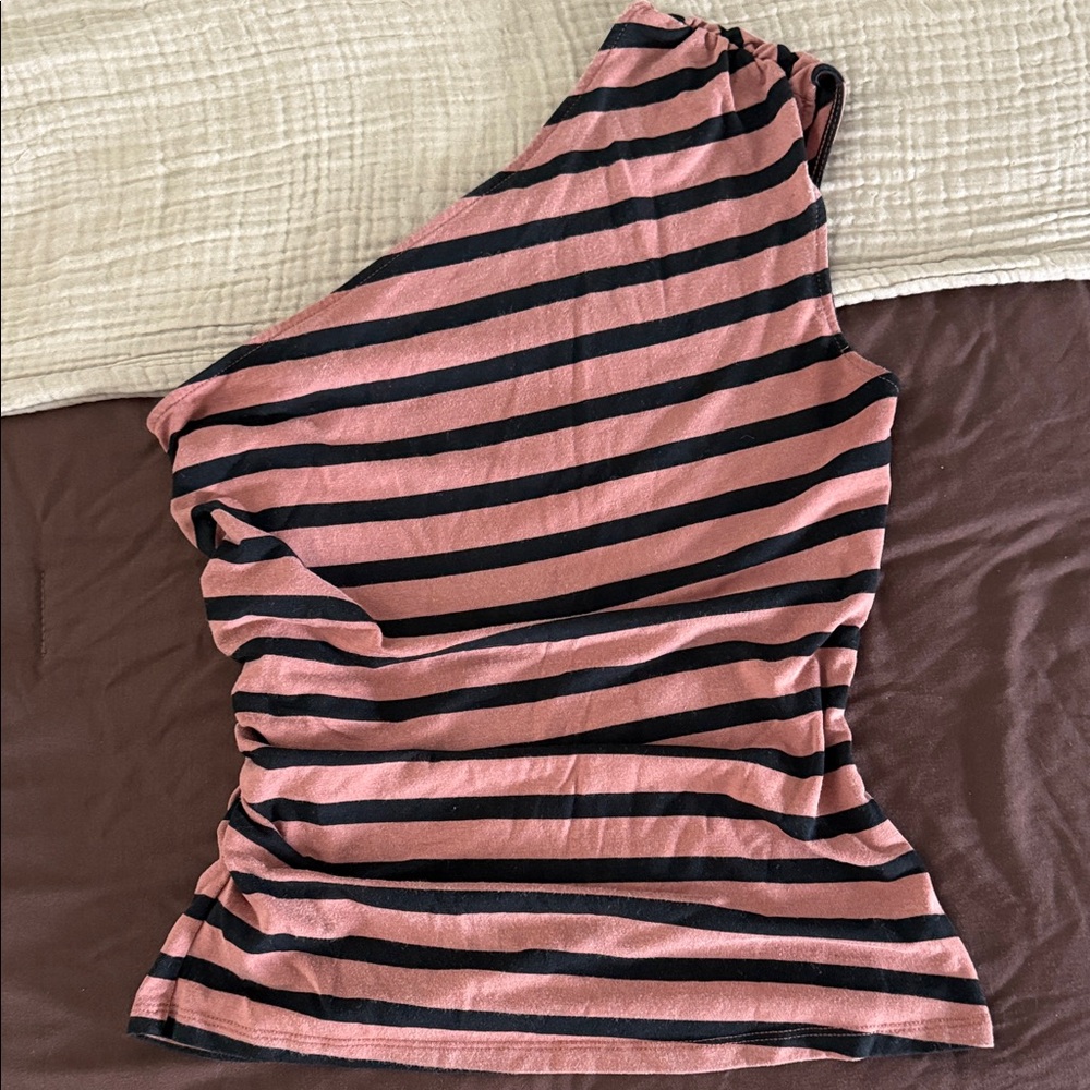 A new day Pink and Black Striped One-Shoulder Blouse